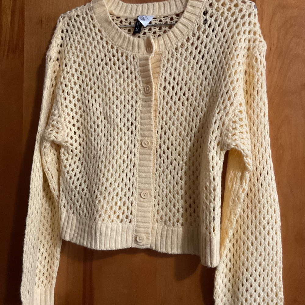 H&M Open-Stitch Cream Button-Front Women's Sweater Cardigan